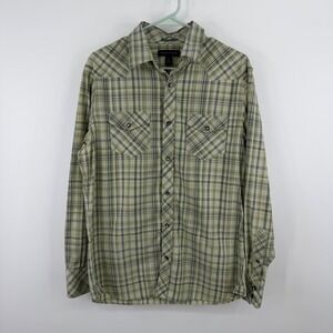 Banana Republic Western Shirt Mens Medium Green Plaid Pearl Snap Long Sleeve